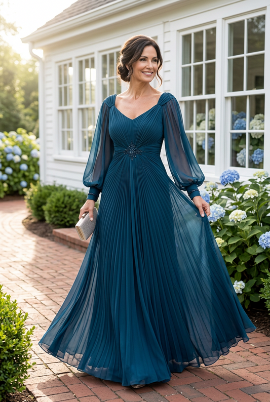 Pleated A-Line Gown with Bishop Sleeves