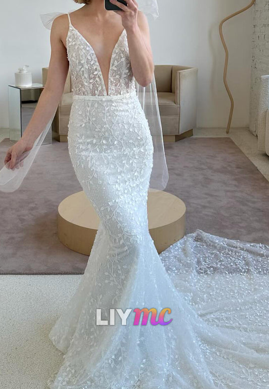 Plunging V-Neck Mermaid Lace Bridal Gown with Train