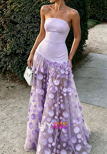 Strapless A-Line Evening Gown with 3D Appliques