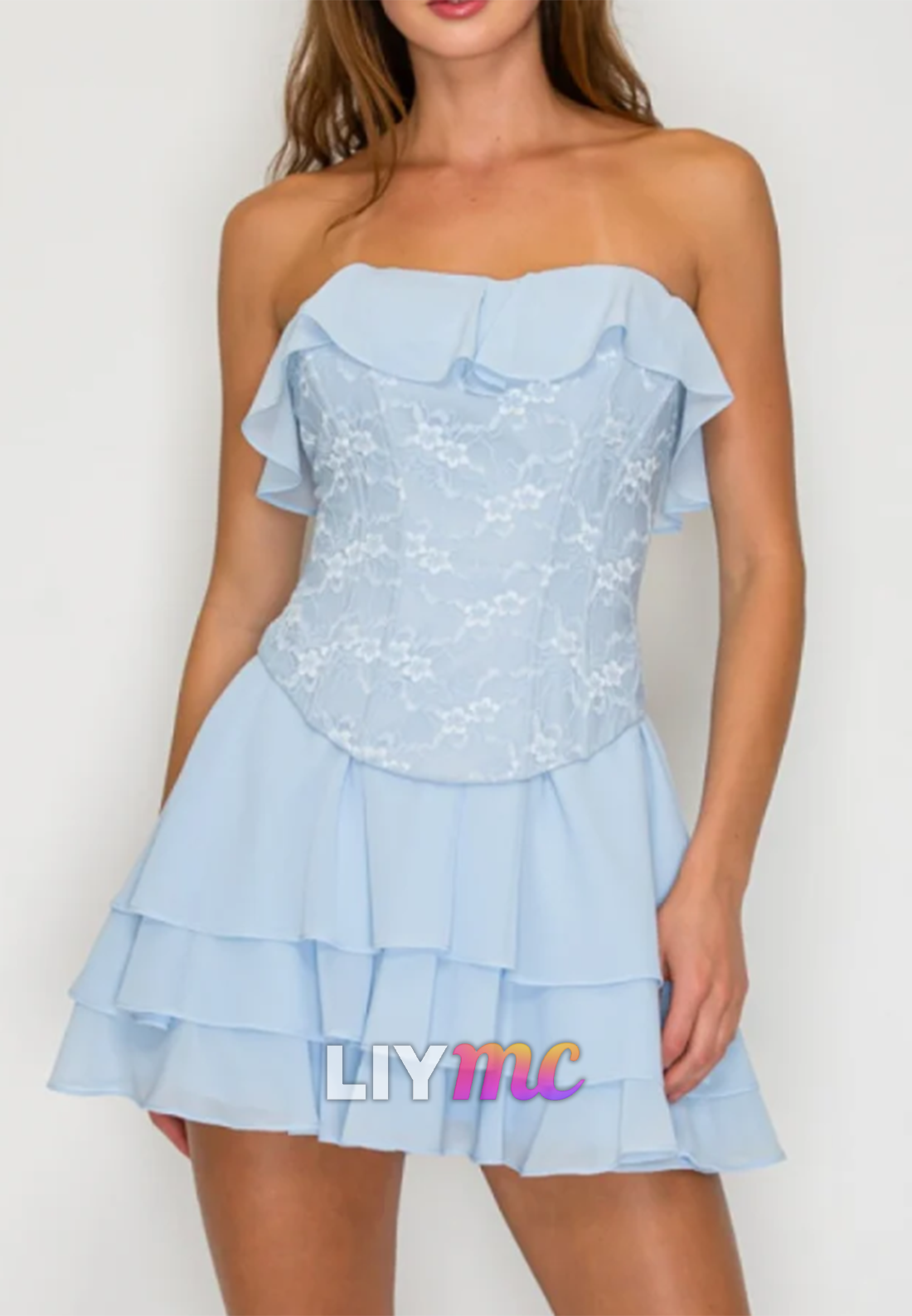 Strapless Lace Corset Mini Dress with Tiered Skirt