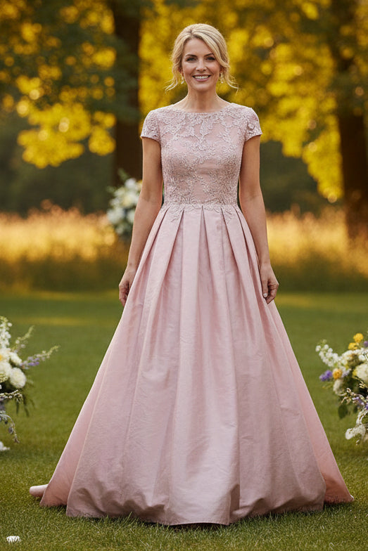Lace Bodice Pleated A-Line Evening Gown