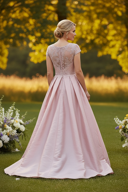 Lace Bodice Pleated A-Line Evening Gown