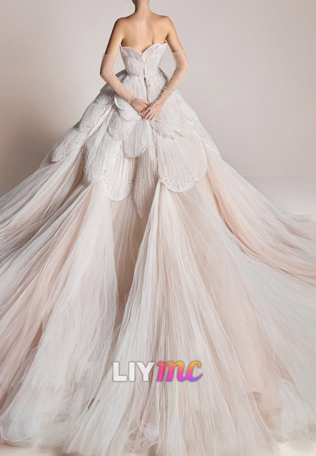 Tiered Petal Ball Gown with Beaded Scallops