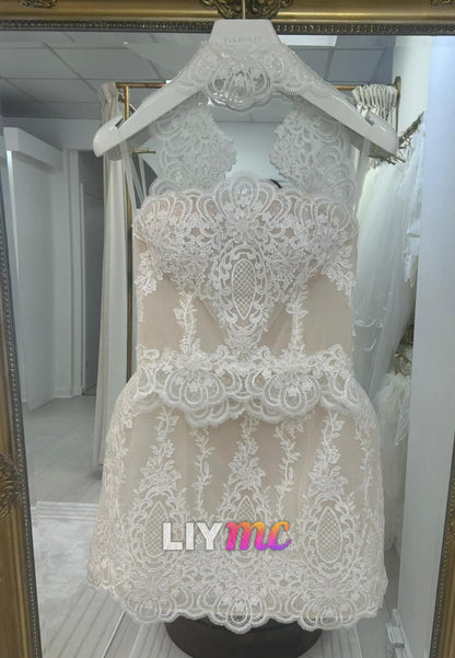 Strapless Lace Mini Wedding Dress with Cape Collar