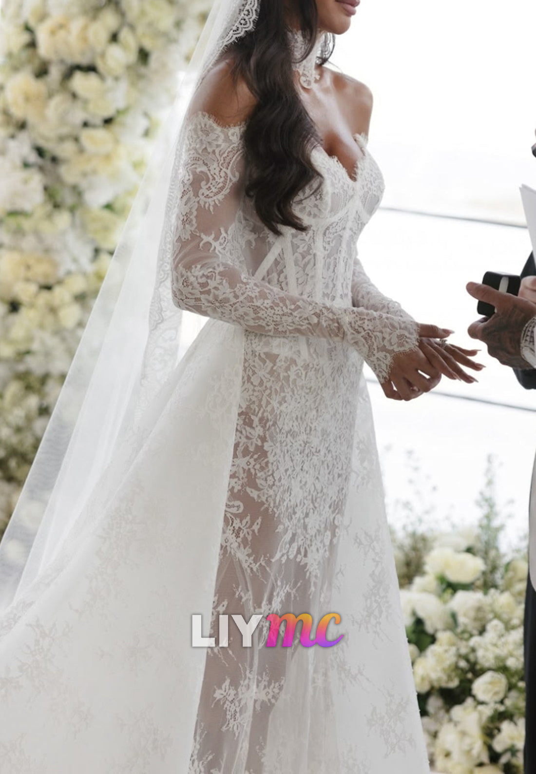 Sheer Lace Corset Mermaid Wedding Dress with Sleeves