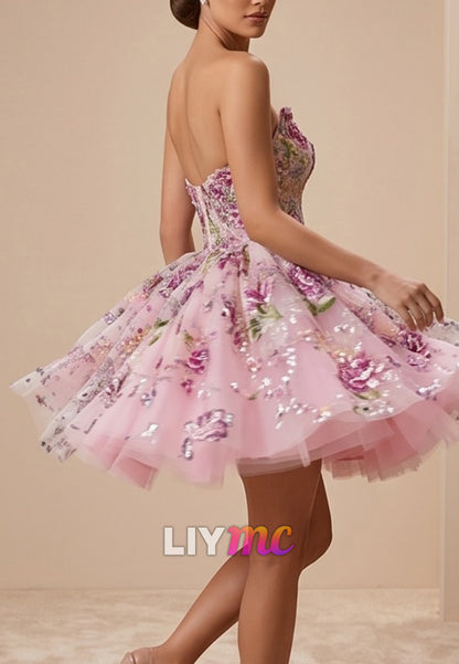 Strapless Floral Embroidered Tulle Mini Dress