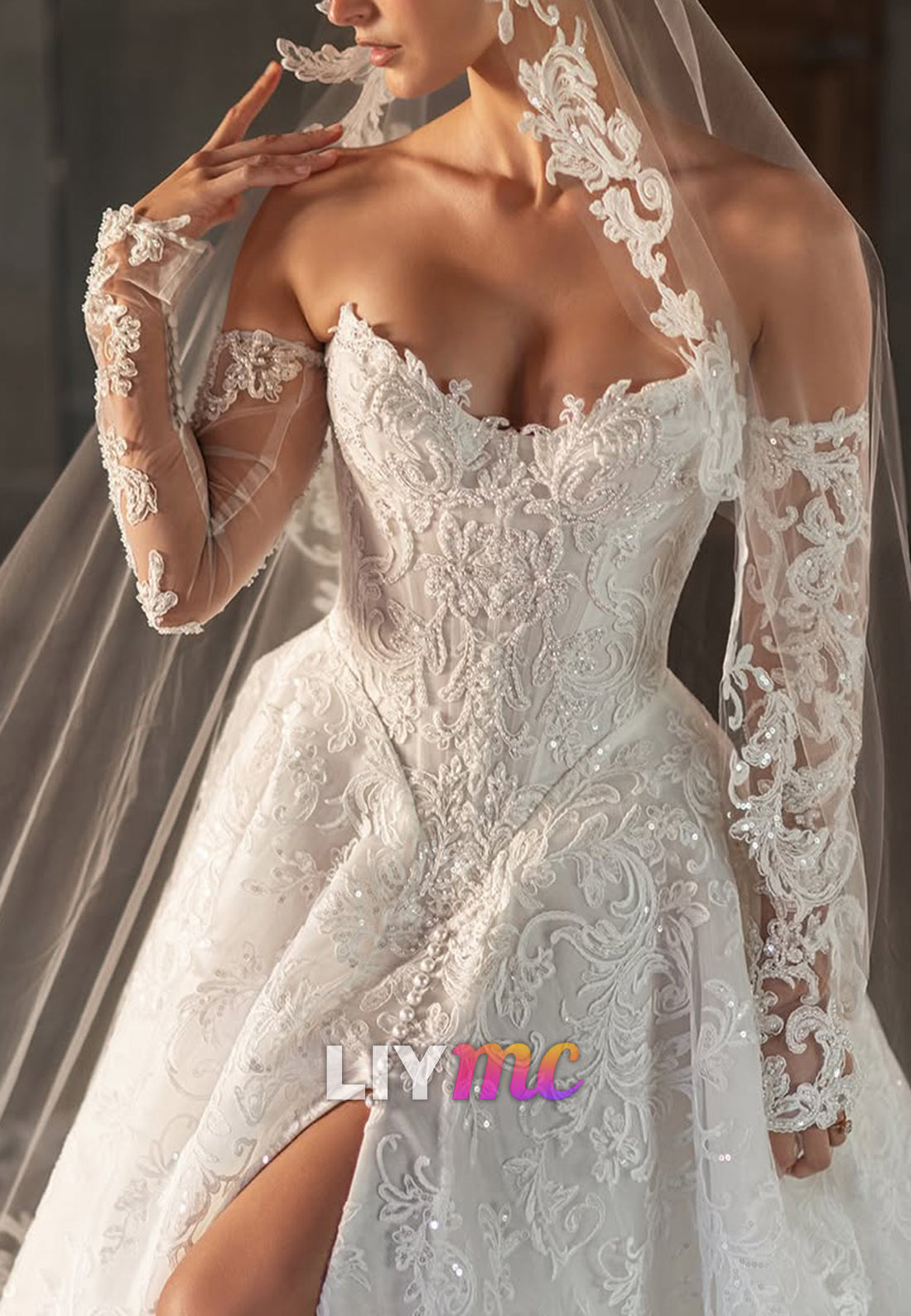Off-the-Shoulder Lace Wedding Gown with High-Slit Skirt