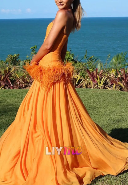 Strapless Ruched Feather Trim Evening Gown