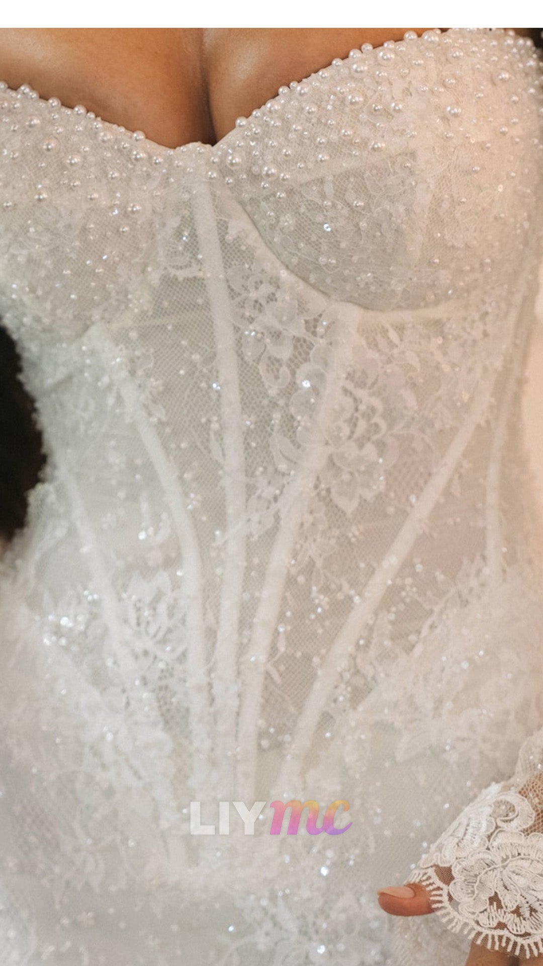 Pearl Beaded Corset Lace Wedding Dress