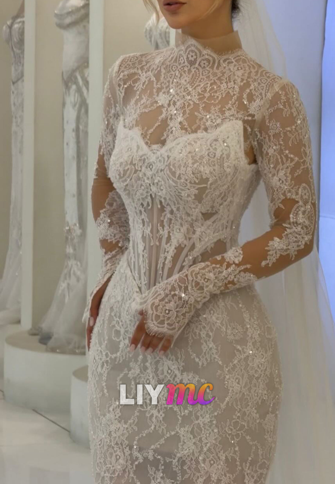 Mock Neck Long Sleeve Lace Mermaid Wedding Dress
