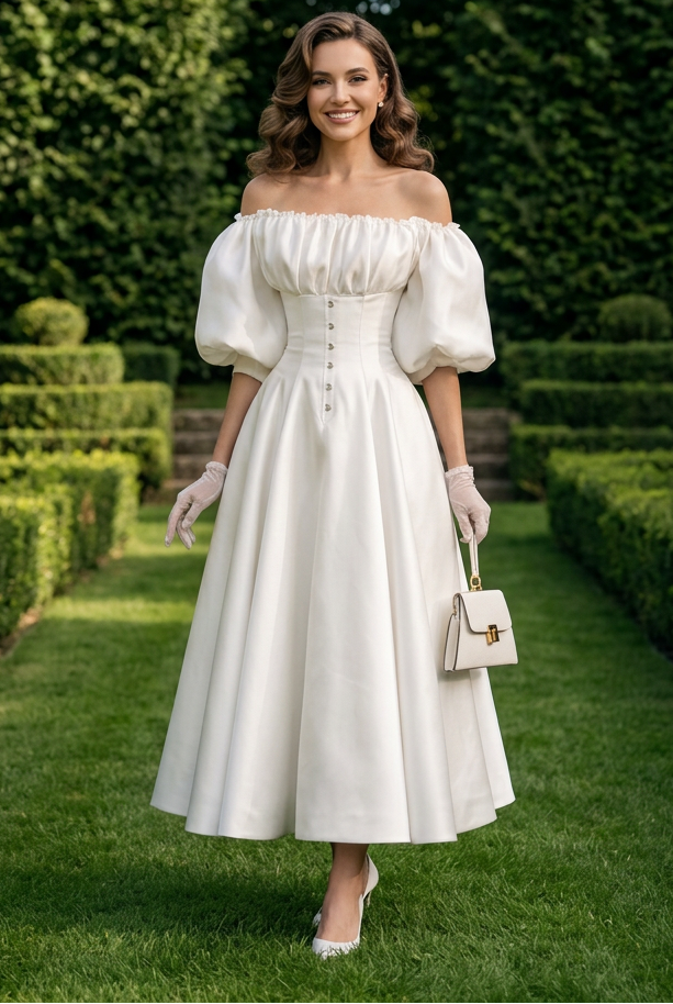 Off-the-Shoulder Corset Midi Dress with Puff Sleeves