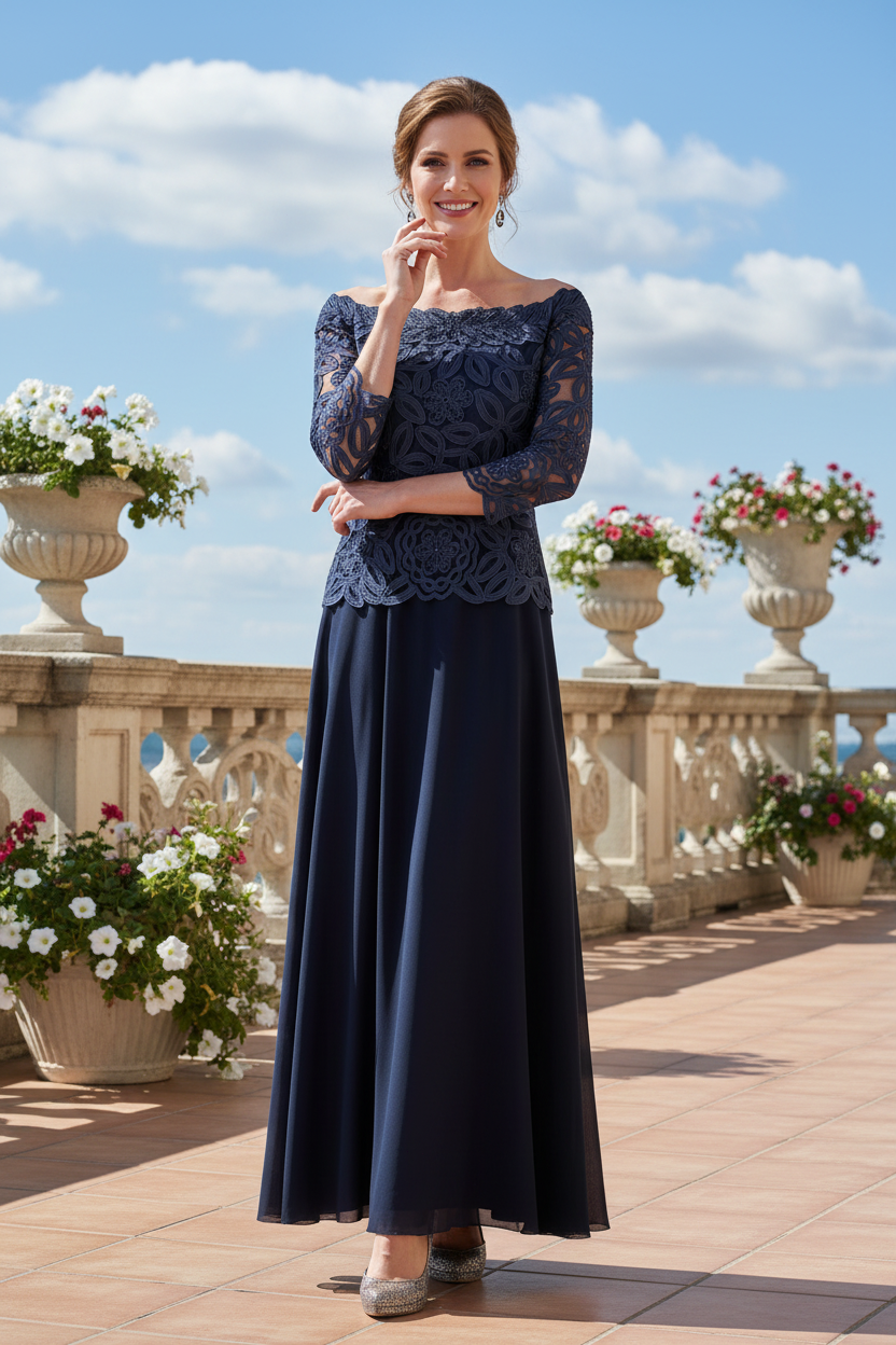 Off-the-Shoulder Lace & Chiffon Evening Gown