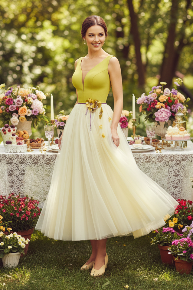 Plunge Neck Tulle Midi Dress with 3D Flowers