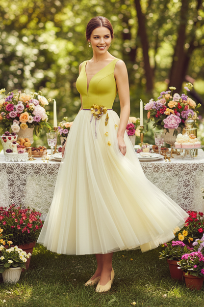Plunge Neck Tulle Midi Dress with 3D Flowers
