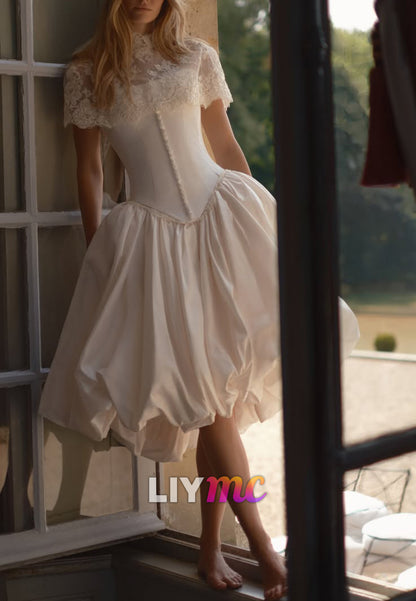 Lace Cape Corset Mini Wedding Dress with Bubble Skirt