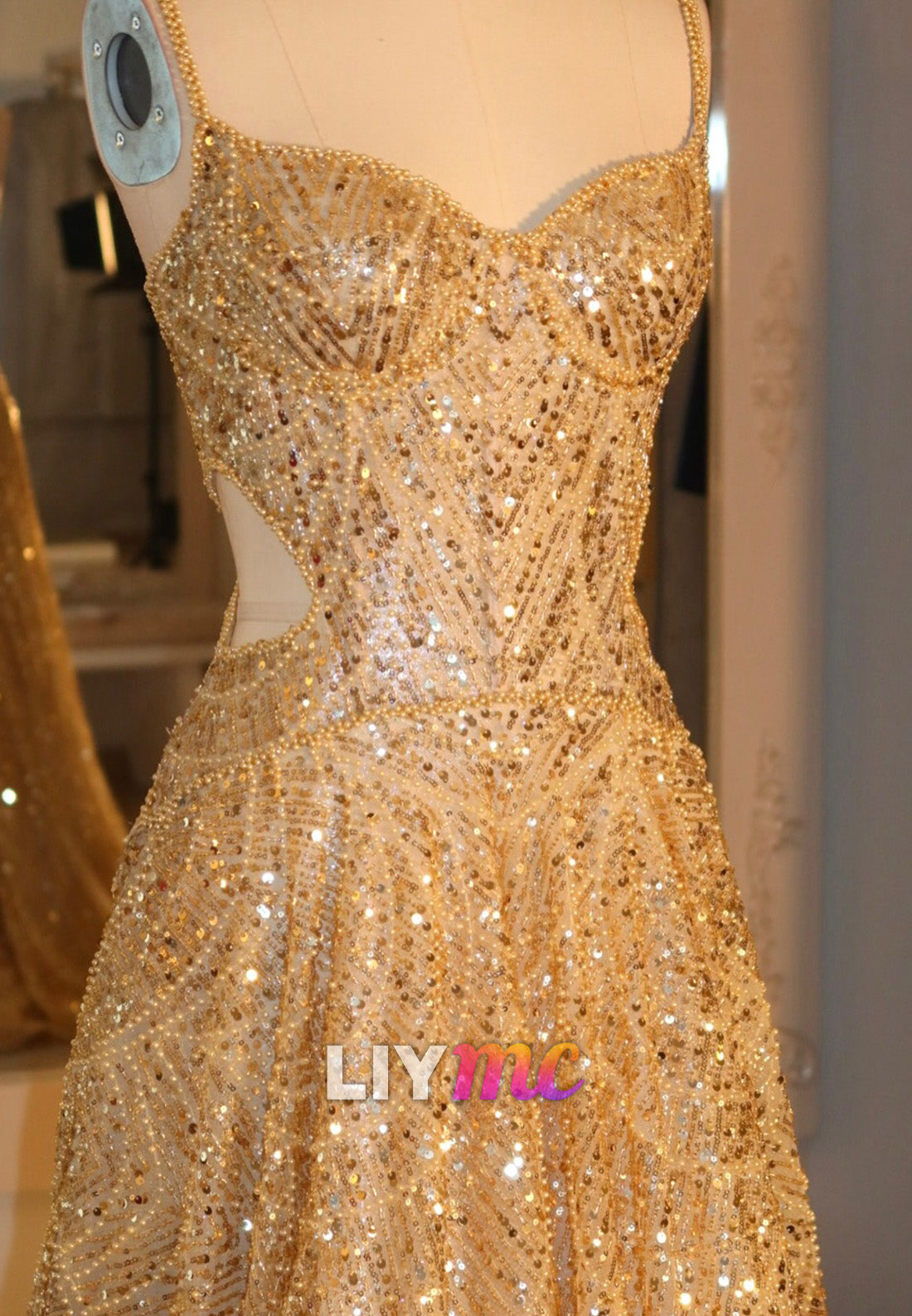 Sequined Cutout A-Line Gown with Train