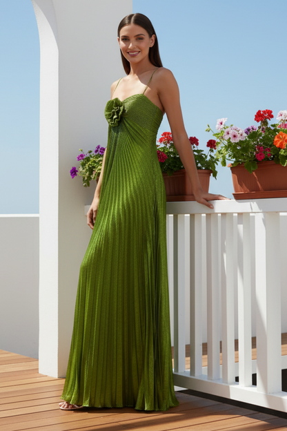 Metallic Pleated Gown with 3D Rosette Detail