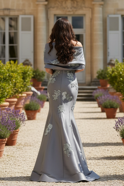 Off Shoulder Mermaid Gown with Floral Appliques