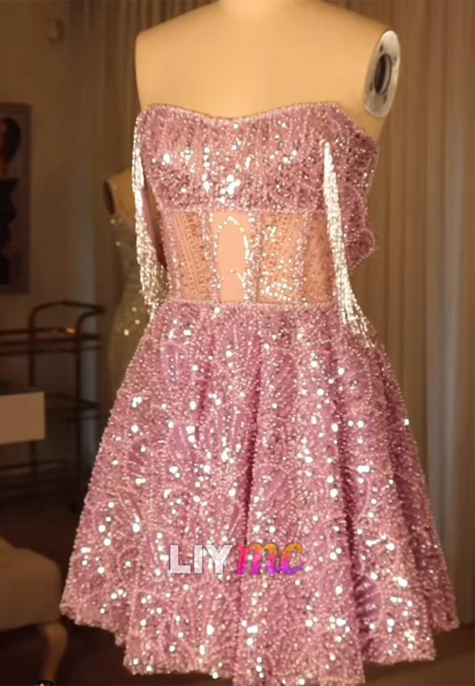 Sweetheart Sequin Corset Mini Dress with Fringe