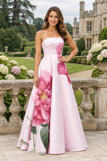 Strapless Floral Print A-Line Ball Gown