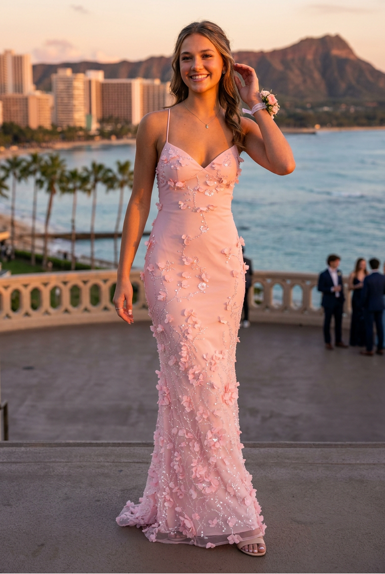 3D Floral Applique Open Back Maxi Dress
