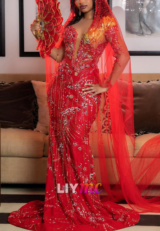 Beaded Plunging Mermaid Evening Dress with Cape