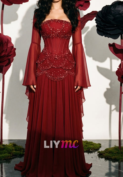 Bell Sleeve Beaded Corset Chiffon Gown