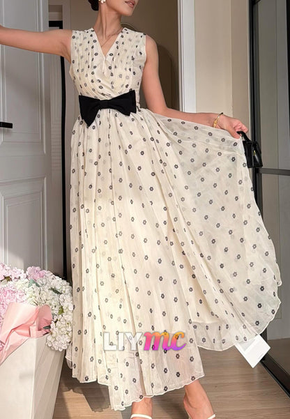 Floral Pleated Maxi Dress with Black Bow Belt
