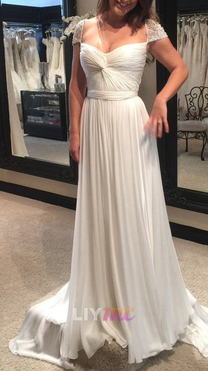 Ruched Chiffon Wedding Gown with Beaded Sleeves
