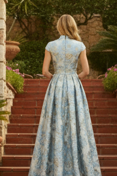 Floral Jacquard A-Line Gown with Mandarin Collar