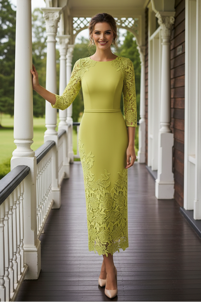 Lace Applique Midi Dress with Side Draping
