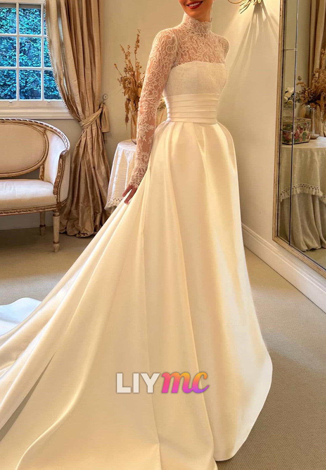 Illusion Lace Long Sleeve Ball Gown Wedding Dress