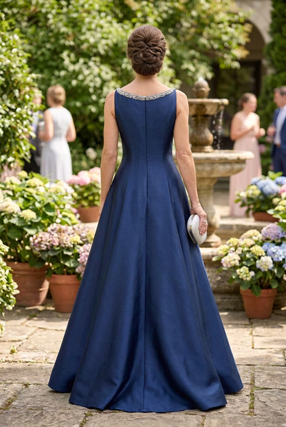 Embellished Neckline A-Line Satin Evening Gown