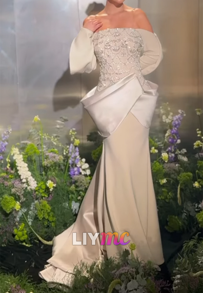 Beaded Bodice Off-Shoulder Gown with Peplum Drape
