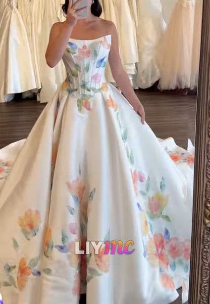 Strapless Floral Print Corset Ball Gown