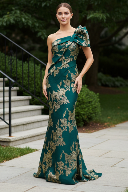 One-Shoulder Floral Jacquard Evening Gown