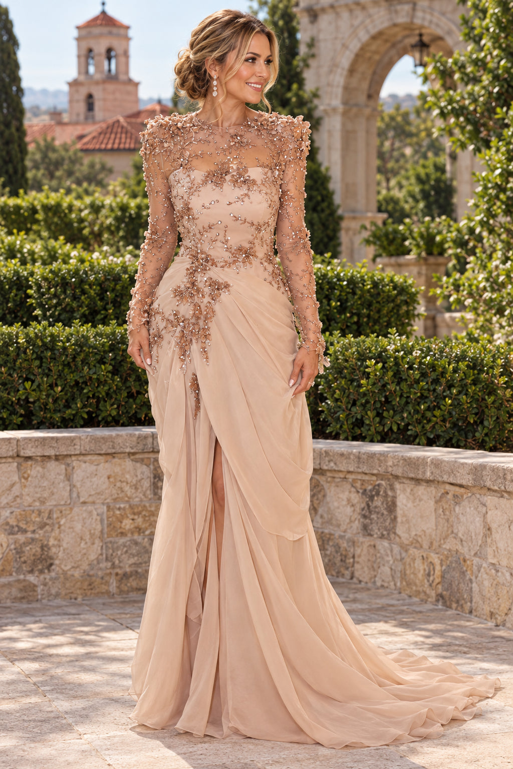 Beaded Illusion Long Sleeve Draped Evening Gown