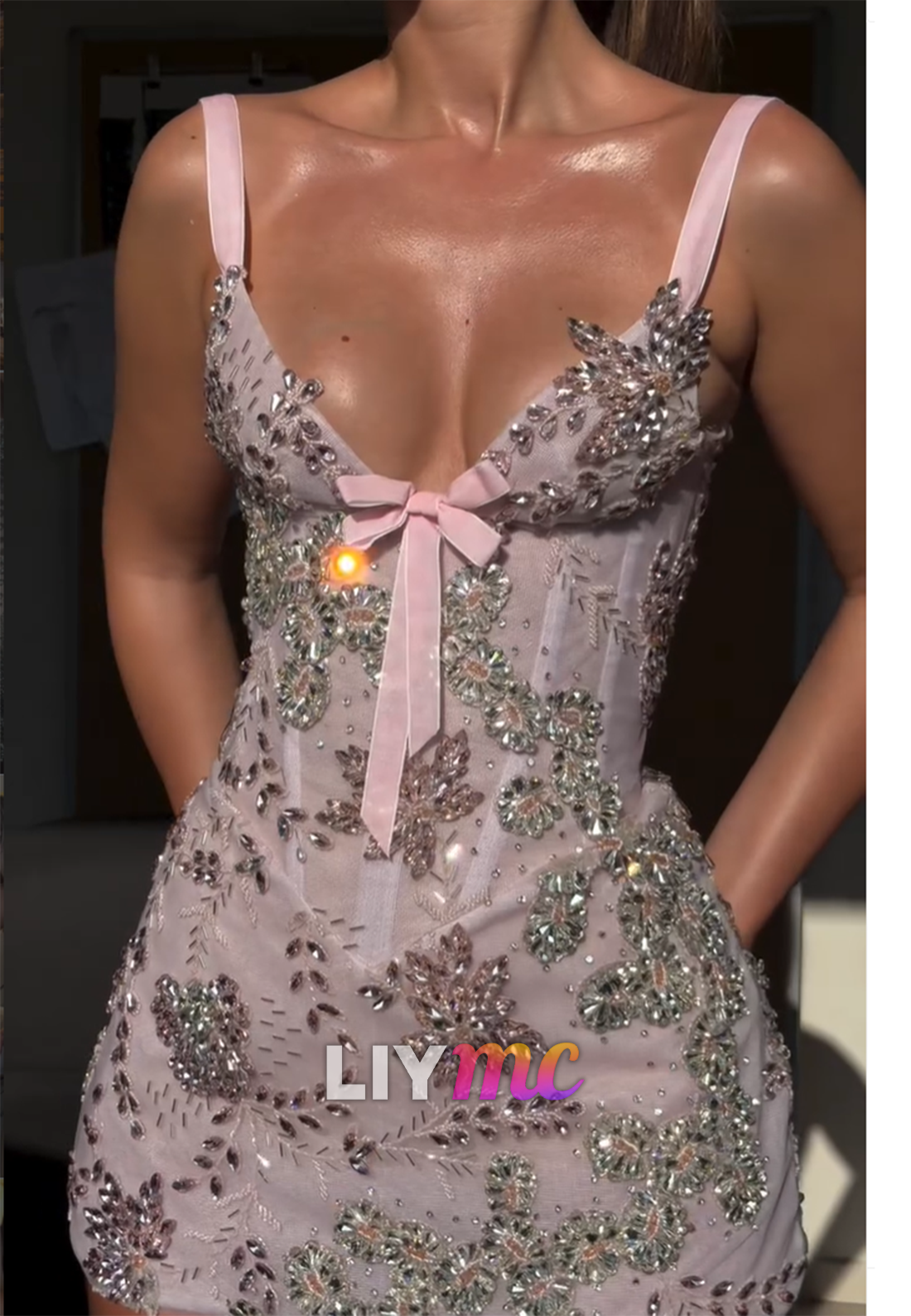 Crystal Beaded Corset Spaghetti Strap Mini Dress