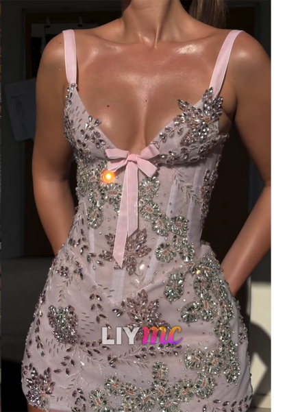 Crystal Beaded Corset Spaghetti Strap Mini Dress