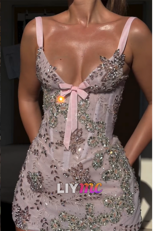 Crystal Beaded Corset Spaghetti Strap Mini Dress
