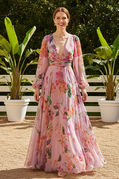 Floral Deep V-Neck Maxi Dress with Bishop Sleeves