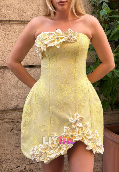 Strapless Lace Corset Mini Dress with 3D Flowers