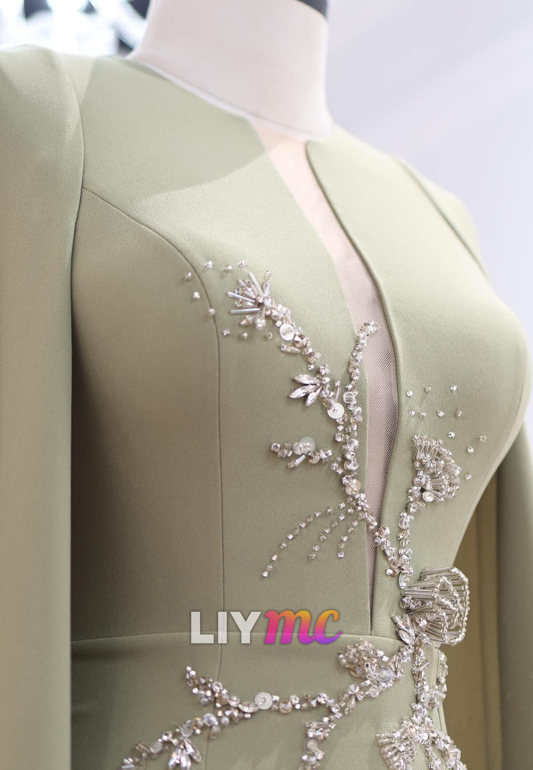 Crepe Sheath Evening Gown with Cape and Crystal Beadwork