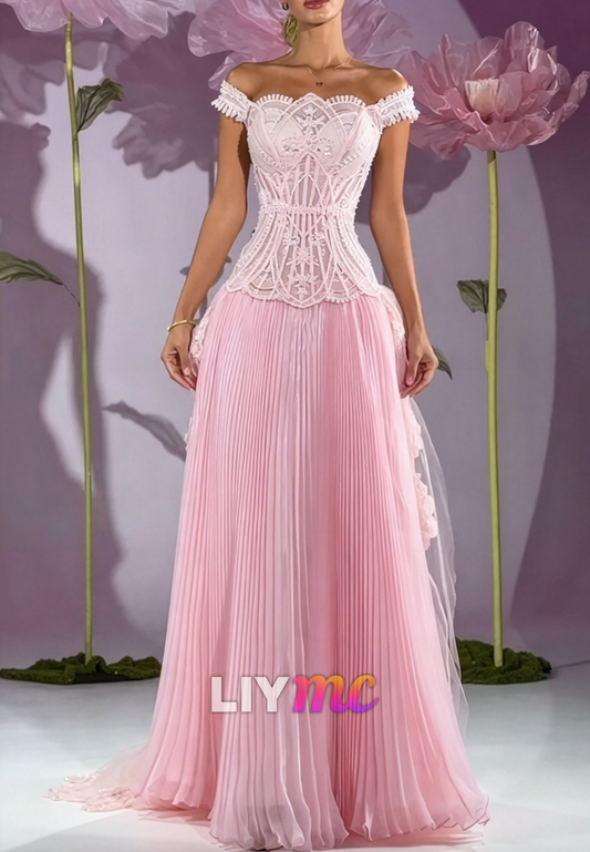 Off-the-Shoulder Corset Gown with Pleated Skirt