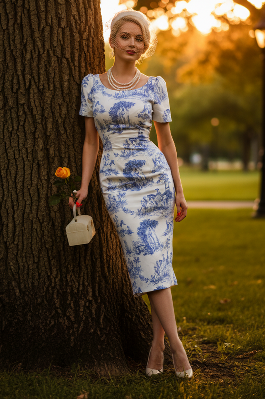 Toile Print Scoop Neck Midi Sheath Dress