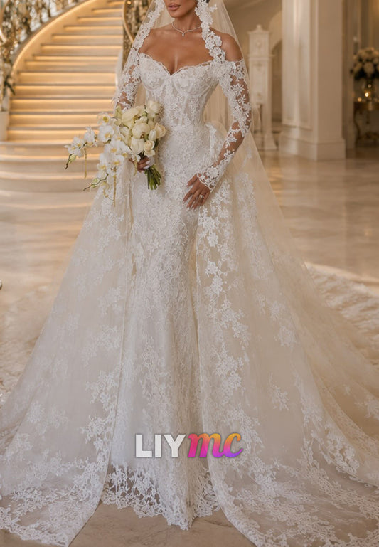 Off Shoulder Lace Mermaid Wedding Dress with Overskirt