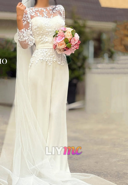 Lace Applique Bridal Jumpsuit with Tulle Overskirt