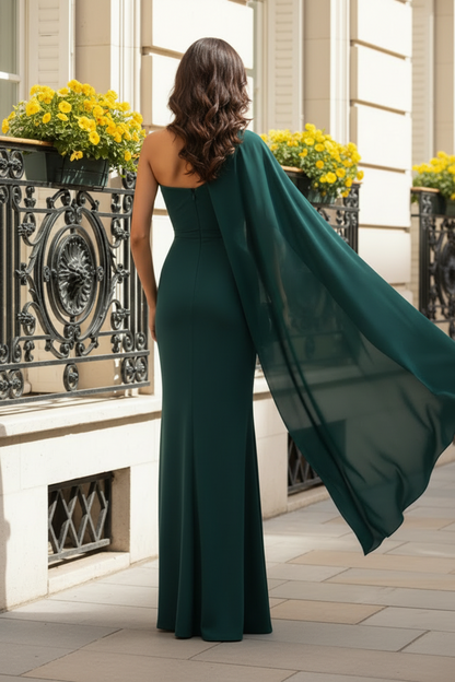 One-Shoulder Ruched Cape Evening Gown