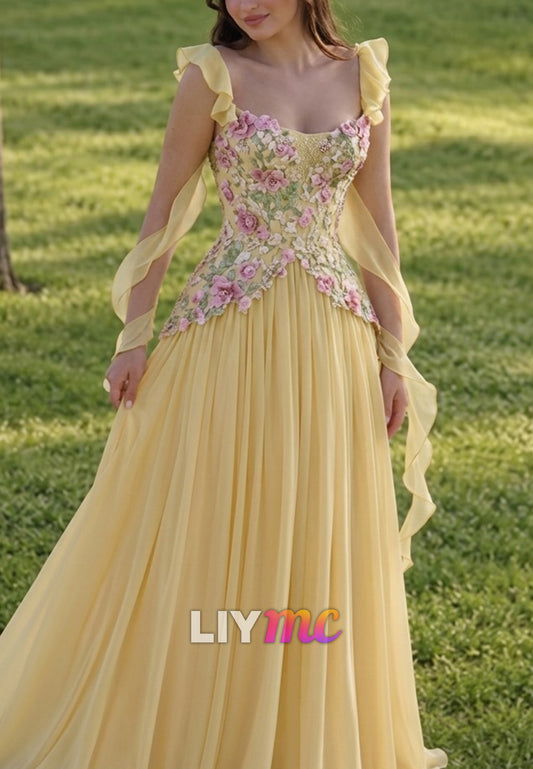 Floral Embroidered Corset Chiffon Formal Gown