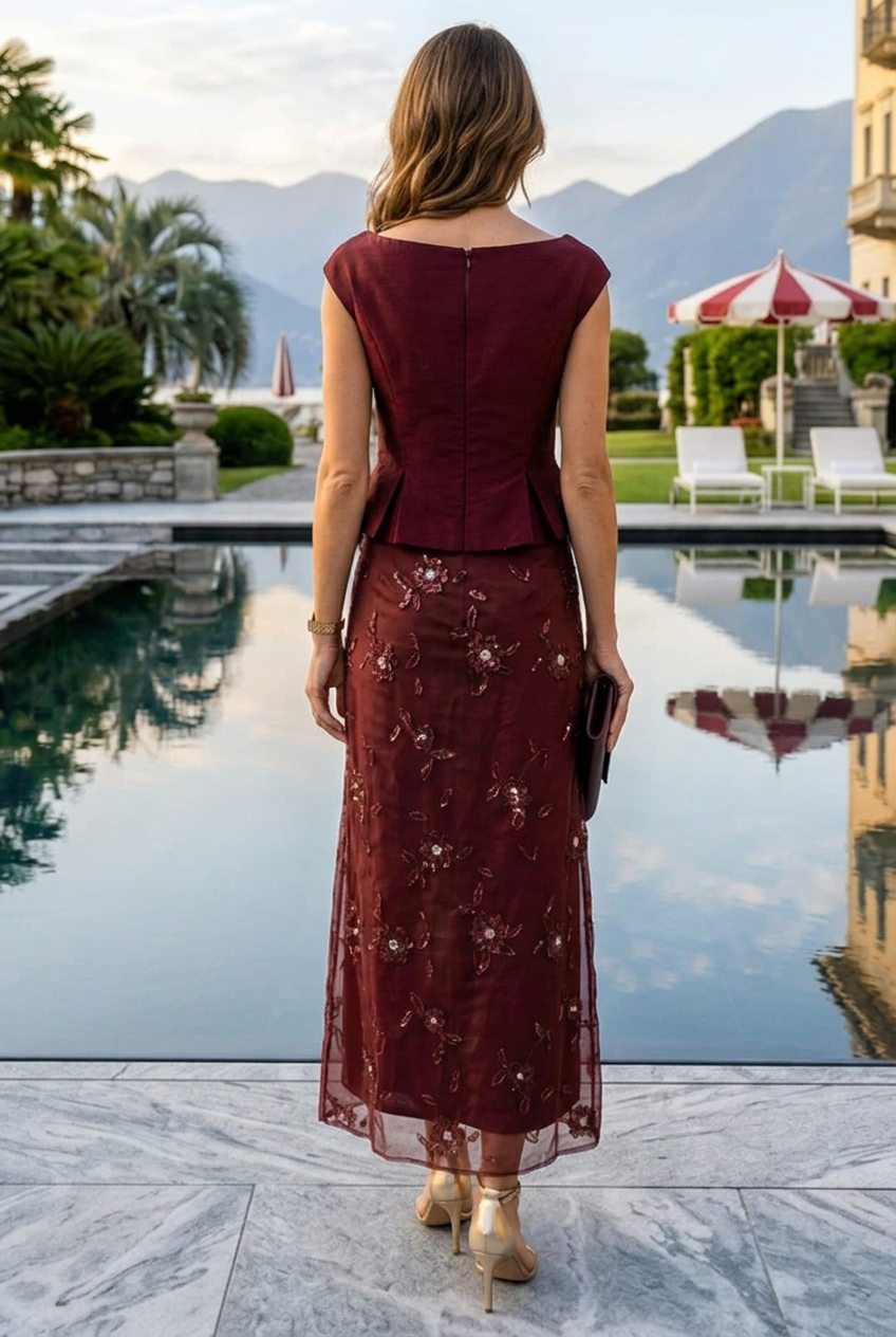 Peplum Evening Gown with Embellished Floral Skirt